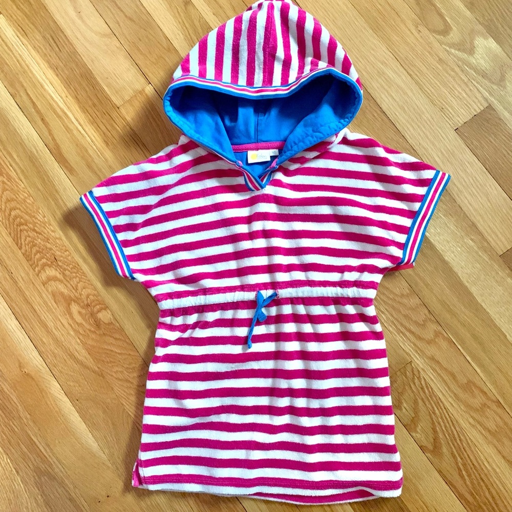 Boden Kids’ 2-3Y Stripe Cotton Terry Hooded Cover-up Dress in Amazing Pink/Ivory